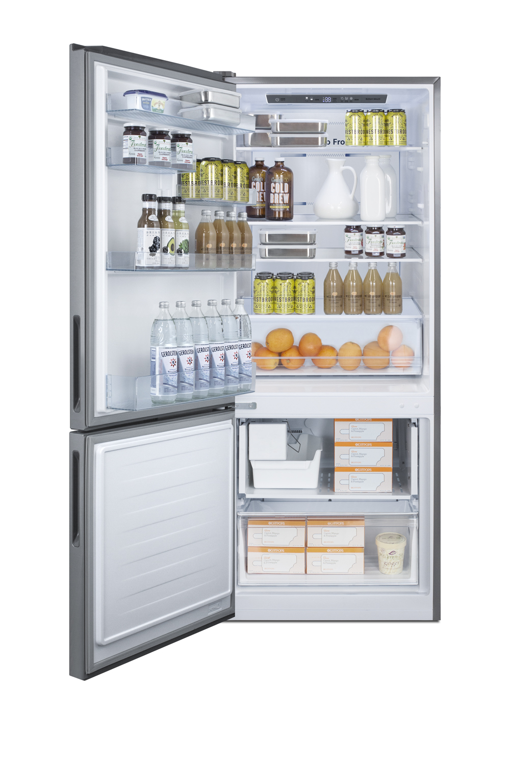 Frost-free bottom freezer refrigerator in stainless steel with factory-installed icemaker and digital controls and a counter depth fit